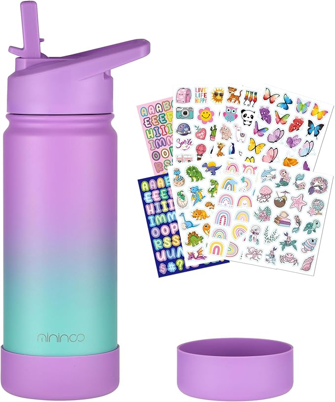 mininoo Insulated Water Bottle for School, 16oz Back to School Water Bottle with Straw Lid for Girls, Boys (Purple/Sky)