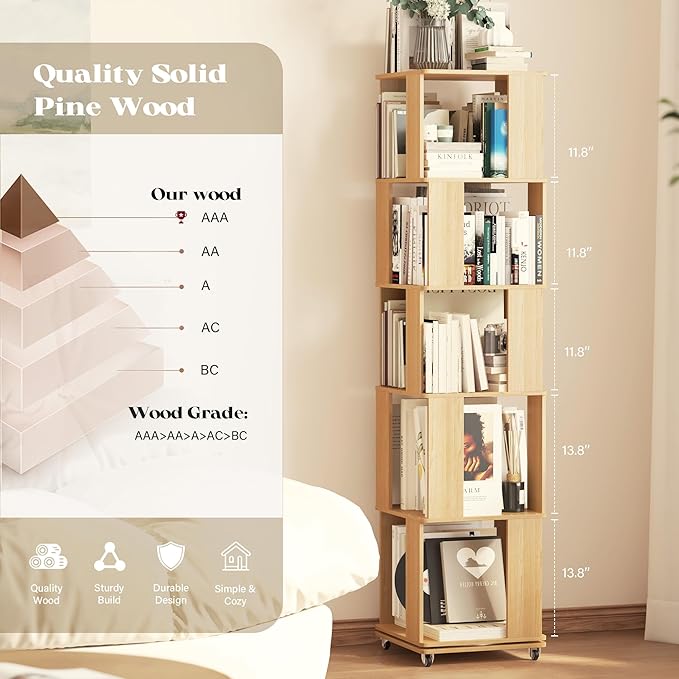 5 Tier Solid Wood Rotating Bookshelf Tower on Wheels, 360° Upgrade Spinning Book Shelf, Revolving Bookcase Organizer, Swivel Bookshelves for Small Spaces, Corner, Bedroom, Kids Room, Office (Natural)