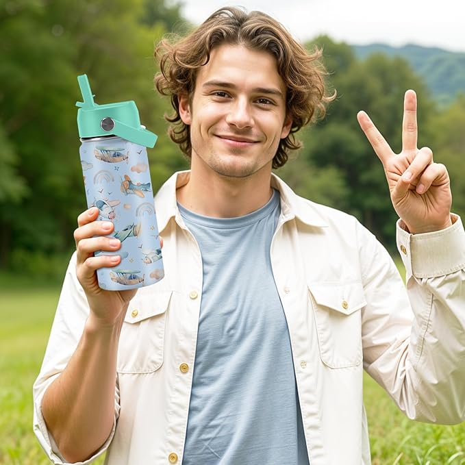 Airplane Gifts - 16oz Kids Blue Airplane Water Bottle with Straw Lid, Stainless Steel Insulated Tumbler, Leakproof, BPA-Free, for Boys, School, Travel - Helicopter Pilot Lovers Birthday Gift Cup (1pc)