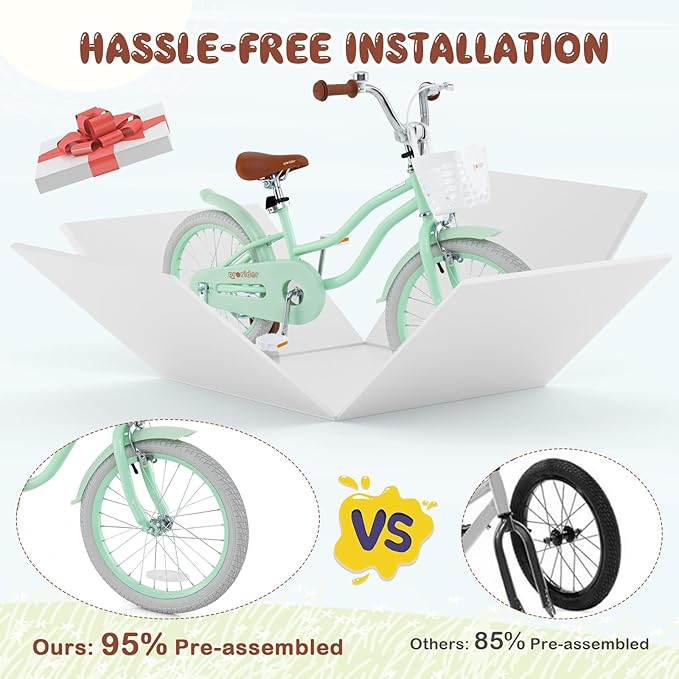 BABY JOY Kids Bike, 12 14 16 18 20 Inch Boys Girls Bike w/Adjustable Seat, Removable Basket, Handbrake & Coaster Brake, Training Wheels or Kickstand, Kids Bicycle with Multi-Color