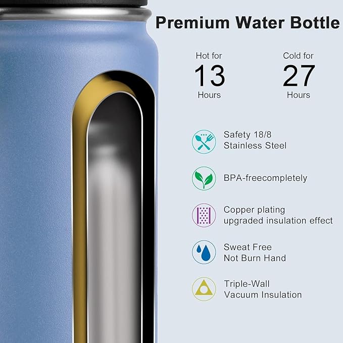 koodee 16 oz Water Bottle Stainless Steel Double Wall Vacuum Insulated Water Bottle for School Wide Mouth Flask with Leakproof Spout Lid (Royal Blue)