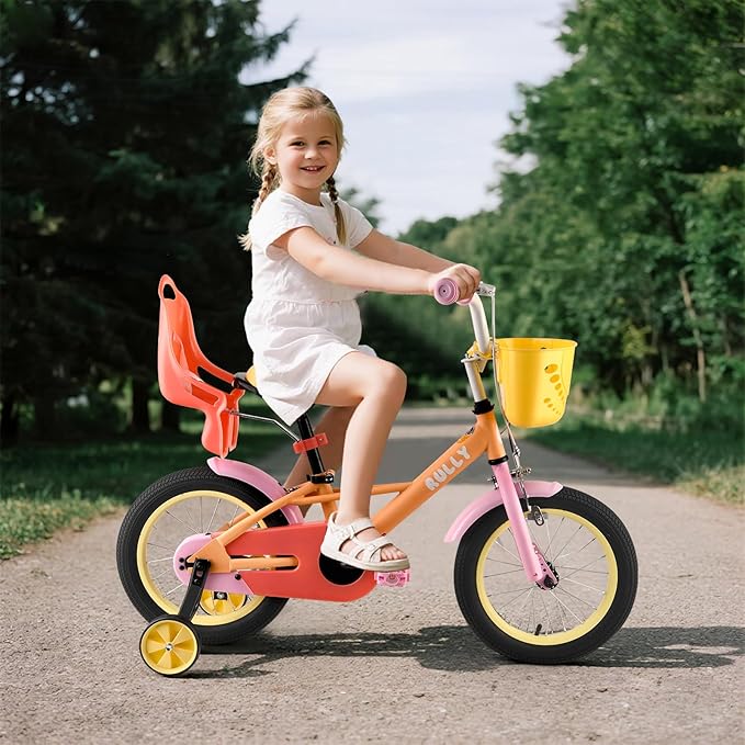 RULLY 12 14 16 Inch Kids Bike for 2-7 Years Girls 33-53 Inch Tall, Toddler Bicycle with Training Wheels & Coaster Brake, Rainbow Bike, Macarons