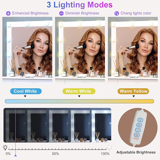 White Vanity Desk with Large Lighted Mirror, 39.4''W Makeup Vanity Desk with Lighted Mirror, Drawers, 3-Color Adjustable Brightness, Big Vanity Desk Dressing Table for Bedroom, Girls, Women Gifts