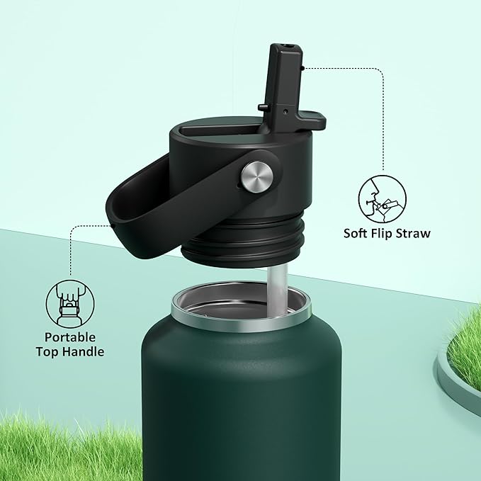 POWCAN 18 oz Water Bottle Insulated: Leakproof Lid with Straw, Lightweight, Flex Cap, BPA-Free, Stainless Steel Water Bottle for Office, Trekking, Commute, Worker, Walking, Cycling (Fir Green)