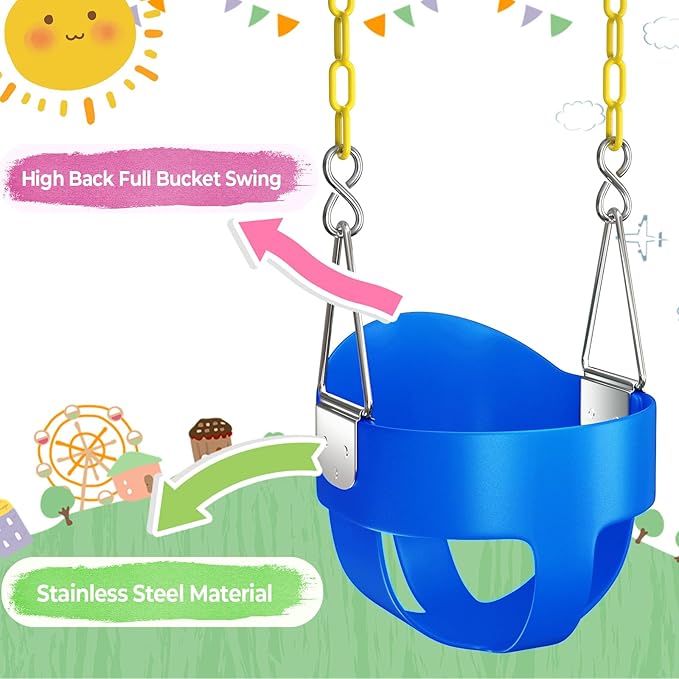 AGPTEK Full Bucket Toddler Swing Seat with Yellow Swing Chains and Carabiners for Easy Install (Blue)