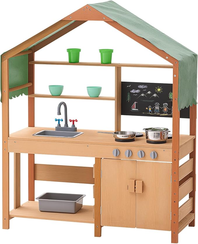 VEVOR Mud Kitchen with Canopy, Fir Wood Play Kitchen for Toddlers with Accessories, Mud Kitchen for Kids Outdoor Backyard with Stoves, Planter Boxes, 2 Sink, Faucet, Blackboard, Cookware Pot