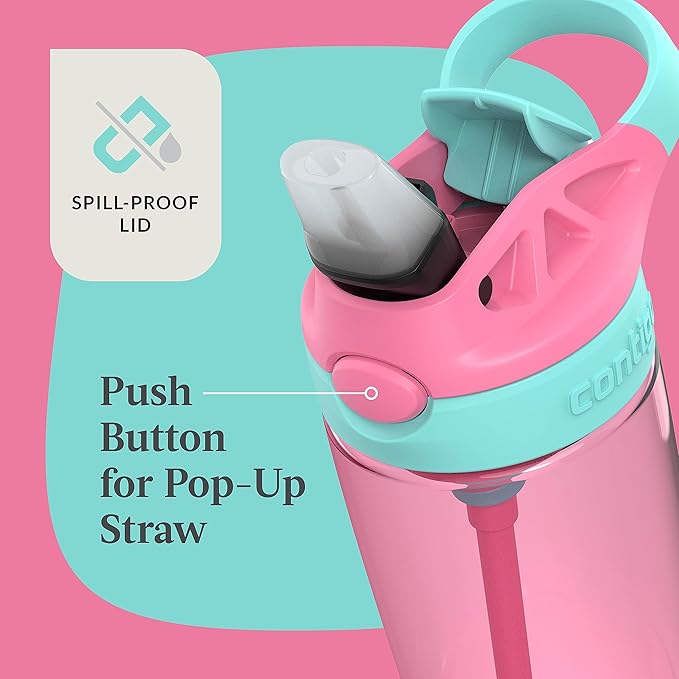 Contigo Aubrey Kids BPA-Free Water Bottle with Silicone Straw Spill-Proof Lid Dishwasher Safe 20oz 2-Pack Suitable for 3+ Years Azalea/Jade & Blue Raspberry/Azalea