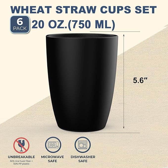 Wheat Straw Cups 6 PCS Good Alternative to Plastic Reusable Cups 20 oz Unbreakable Drinking Cup Reusable Dishwasher Safe Water Plastic Glasses Black