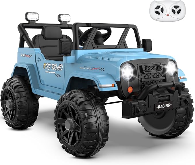 12V Ride On Truck Car with Remote Control, Kids Electric Vehicles with Bluetooth Music, Horn, 3 Speeds, 4 LED Lights, Soft Start, Ride on Toys for Toddler Boys & Girls (Blue)