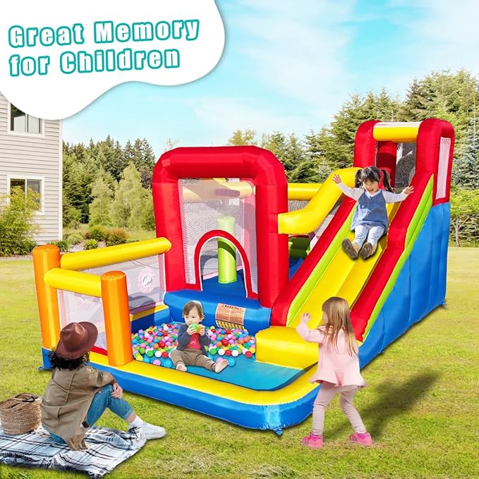 Bounce House, Inflatable Bounce Castle with Blower for Kids, Blow Up Jumping Bouncer with Slide, Climbing Wall, Obstacles, Trampoline, Ball Pit Pool for Indoor Outdoor