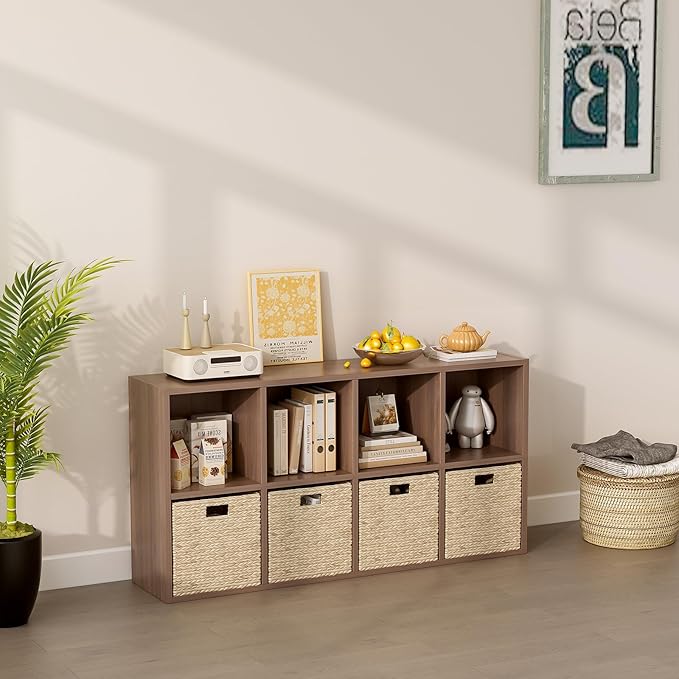 8-Cube Storage Shelf Bookcase - Wooden 4-Tier Floor Standing Open Bookshelf for Home and Office, Cuby Orgainzer, Walnut