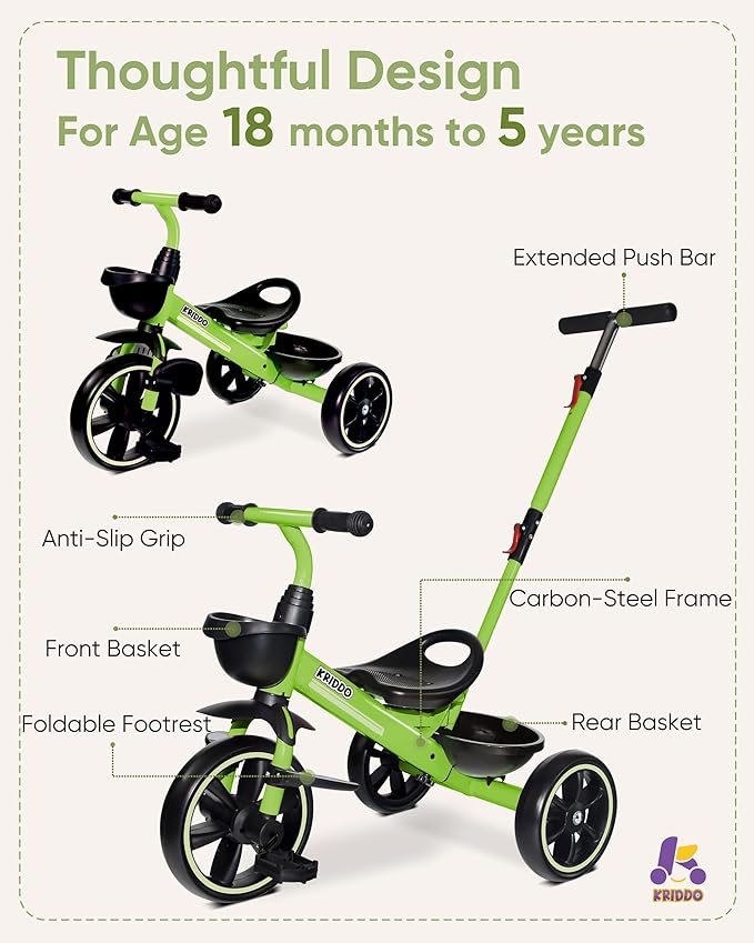 KRIDDO 2-in-1 Toddler Tricycle for Ages 18 Months to 5 Years Old - Extended Push Handle for Effortless Push, Gift Trike for Toddler 3 to 5 Year, Kids Tricycle with Foldable Front Footrest, Green