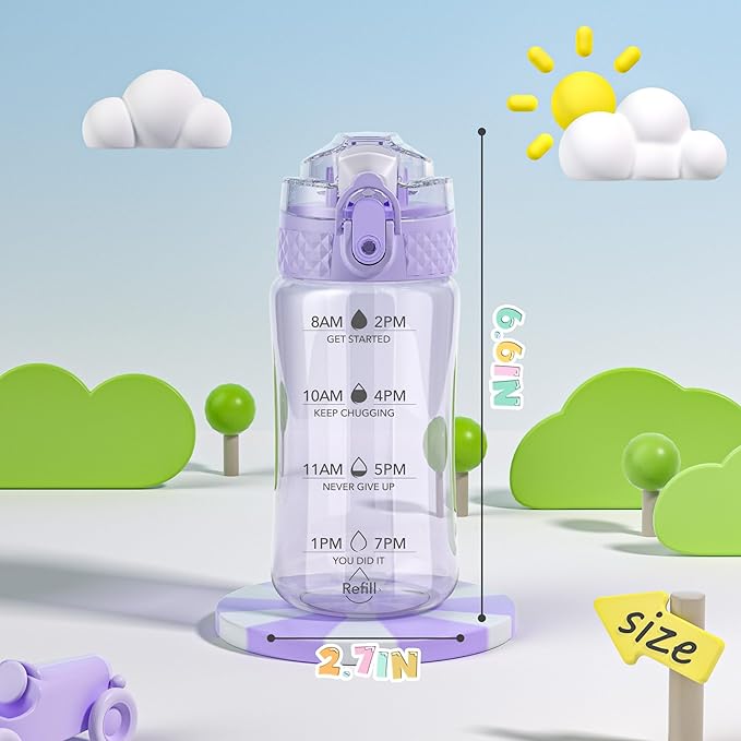 OLDLEY 12oz Kids Water Bottle for School - Motivational With Silicone Straw, Leak-Proof Tritan BPA-Free, Reusable for Girls Boys, Amethyst
