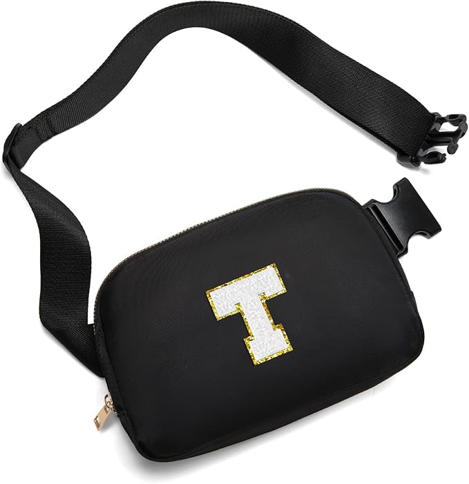 Gitus Birthday Gifts for 8 9 10 11 12 13 Year Old Girls Personalized Fanny Pack Crossbody Bags with Initial Letter Patch Belt Bag for Teen Girls Cute Trendy Stuff Travel Essentials (Black-T)