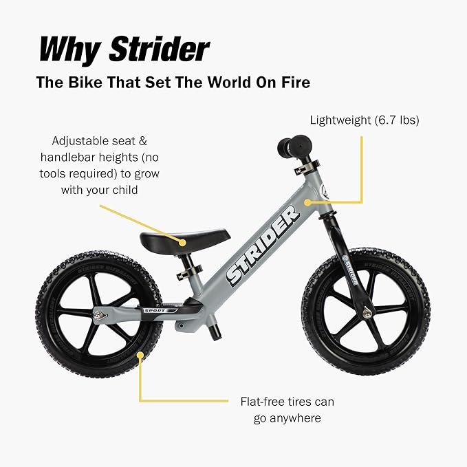 Strider 12” Sport Bike - No Pedal Balance Bicycle for Kids 1 to 4 Years - Includes Safety Pad, Padded Seat, Mini Grips & Flat-Free Tires - Tool-Free Assembly & Adjustments