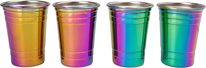 D'Eco Rainbow Stainless Steel Cups - 4 Pack Iridescent 16 oz Tumblers for Kids, Family, Adults - Unbreakable, BPA-Free & Stackable Drinkware for Indoor and Outdoor Use at Parties, Picnics, Camping