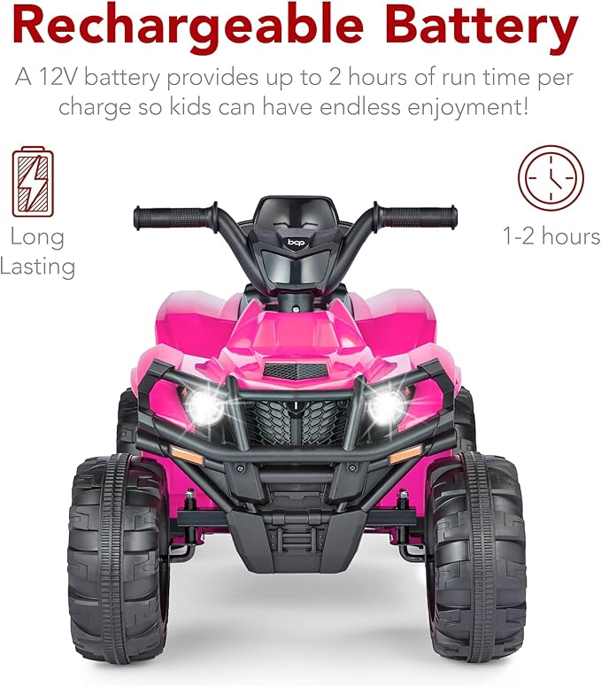 Best Choice Products 12V Kids Ride-On Electric ATV, 4-Wheeler Quad Car Toy w/Bluetooth Audio, 2.4mph Max Speed, Treaded Tires, LED Headlights, Radio - Hot Pink