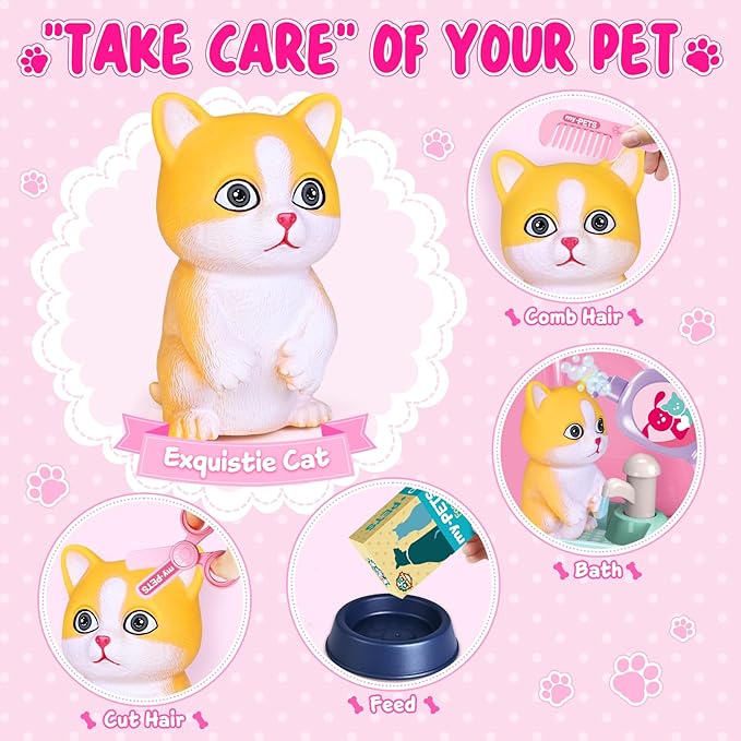 Shemira Toys Gifts for 1 2 3 4 5 6 Year Old Girl, Toddler Girl Toys, Pet Care Pretend Toys for Kids, Pet Care Playset for Kids with Toy Cat & Storage Backpack