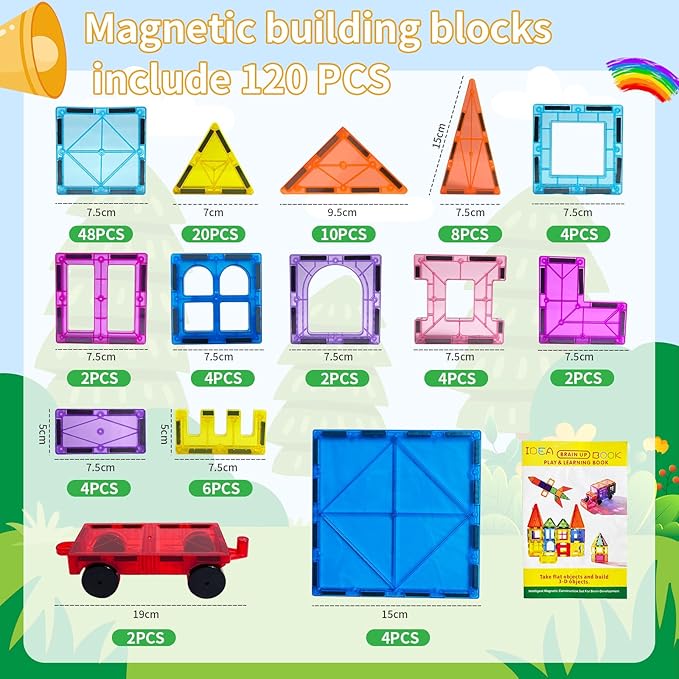 Magnetic Tiles 120PCS Kids Games Toy Building Blocks STEM Classroom Educational Learning Sensory Montessori Magnet Toys for Toddler Boys Girls 3+ Year Old with 2 Cars