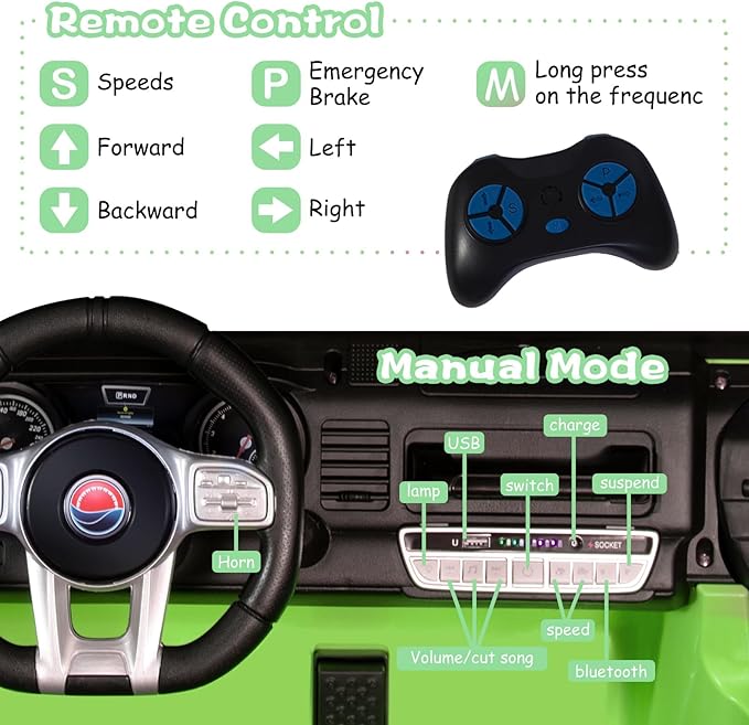 OTTARO 2 Seater Ride on Car Truck, 12V Large Electric Cars Vehicles, 2 Seater Battery Powered Cars for Kids with Remote Control, Spring Suspension, LED Lights, Music(Green)