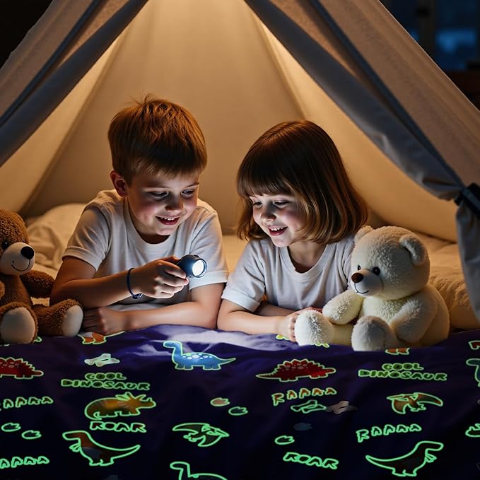 Dinosaur Glow in The Dark Blanket Dinosaur Toys Gifts for Boys Girls 1 2 3 4 5 6 7 8 9 10 11 12 Year Old Kids Blanket with Dino Soft Fleece Bed Couch Throw Home Decor (Navy Blue 60"x80")