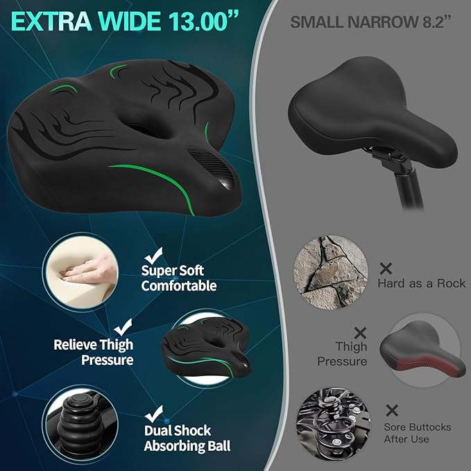 Haoqi Bike Seat Cushion for Men & Women Oversized Bike Saddle Compatible with City, Electric, Stationary, Peloton, MTB, Racing Bikes, Wide Winged, Padded, Waterproof, Shock Absorbing, Universal