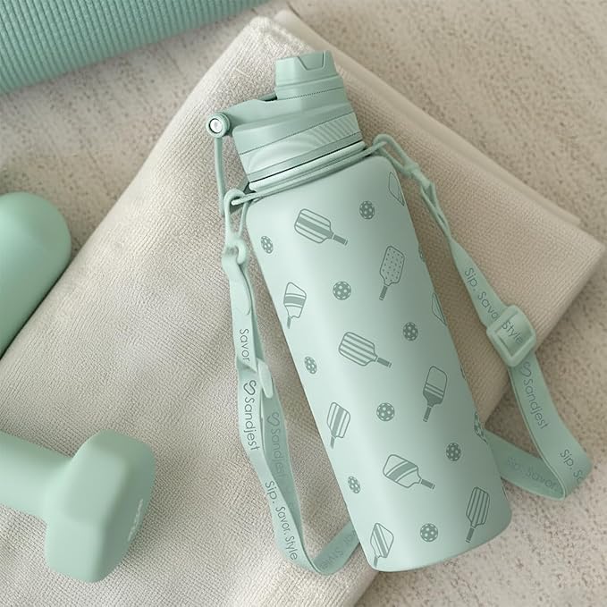 SANDJEST Pickleball Stainless Steel Water Bottle with Strap 32oz, Insulated Bottles with Straw and Spout Lid for Gym Sports Travel Outdoor, Gifts for Women Girls Birthday Christmas