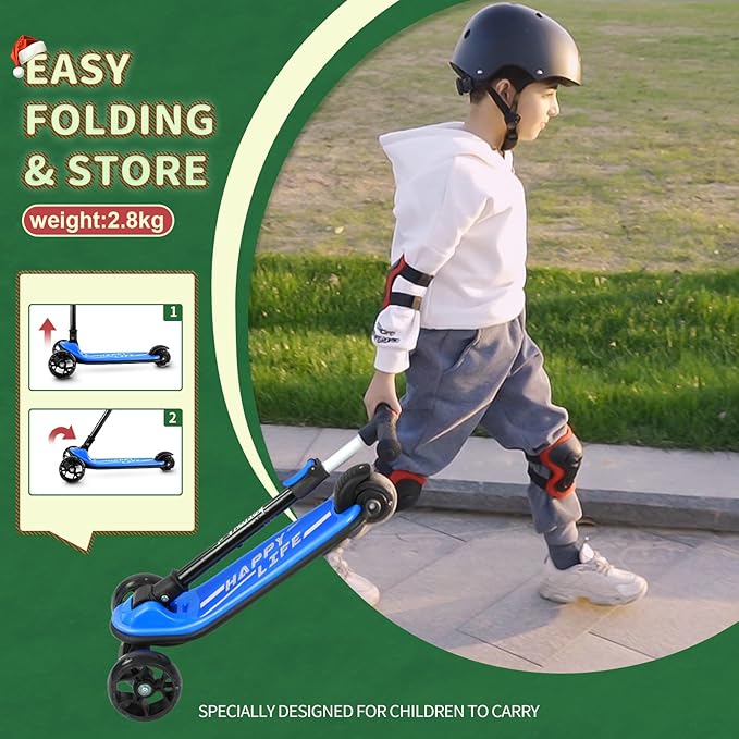 Besrey Kick Scooter for Kids Ages 3-10, 3-Wheel Folding Scooter with Adjustable Height, LED Light Wheels, Extra Wide Deck for Outdoor Activities