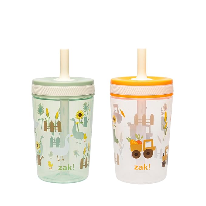 Zak Designs Kelso Toddler Cups For Travel or At Home, 15oz 2-Pack Durable Plastic Sippy Cups With Leak-Proof Design is Perfect For Kids (Silly Goose, Harvest)
