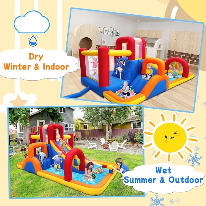 Bounce House with Slide and Obstacle Course for Kids 3-8 - Bounce, Climb, Slide, Boxing Ball, Small Climb&Slide for Indoor Outdoor Kids Party, Optional Water Slide & Pool for Summer Fun
