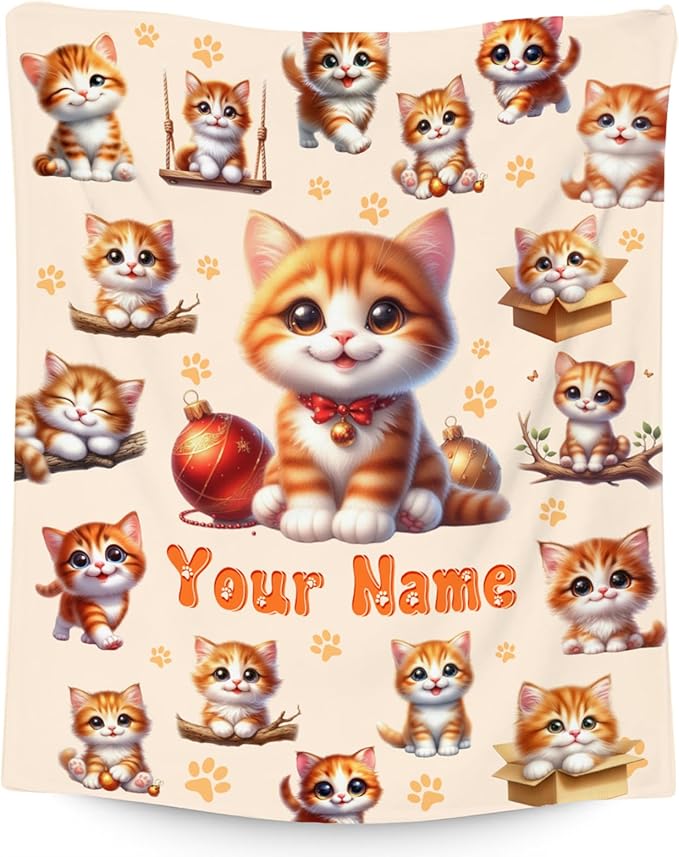 Girls Blankets Gifts Personalized Cat Blanket for Cat Lovers Women Adults, Custom Gifts with Name, 60"x80" Cute Flannel Kids Throw for Couch Sofa Bedroom
