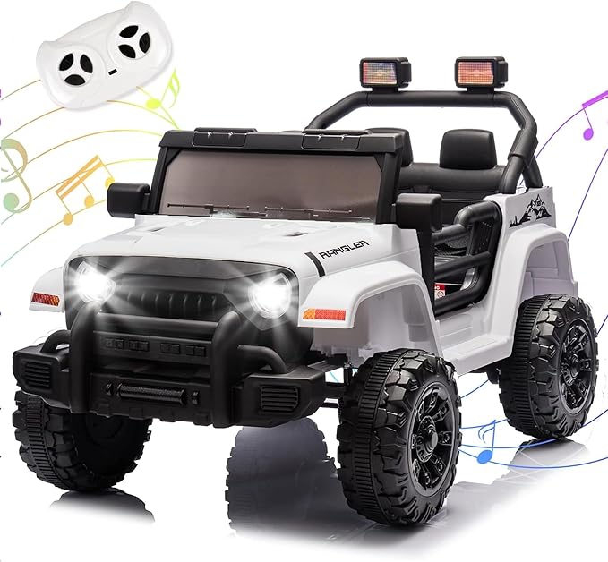 Ride on Car, 12V Kids' Electric Vehicles W/Parents Control, Ride on Toys for Toddlers with Music, Four-Wheels Suspension, USB, Headlights, White
