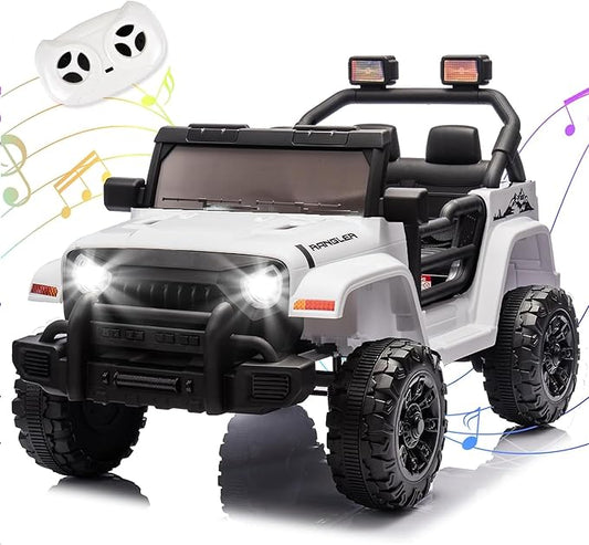 Ride on Car, 12V Kids' Electric Vehicles W/Parents Control, Ride on Toys for Toddlers with Music, Four-Wheels Suspension, USB, Headlights, White