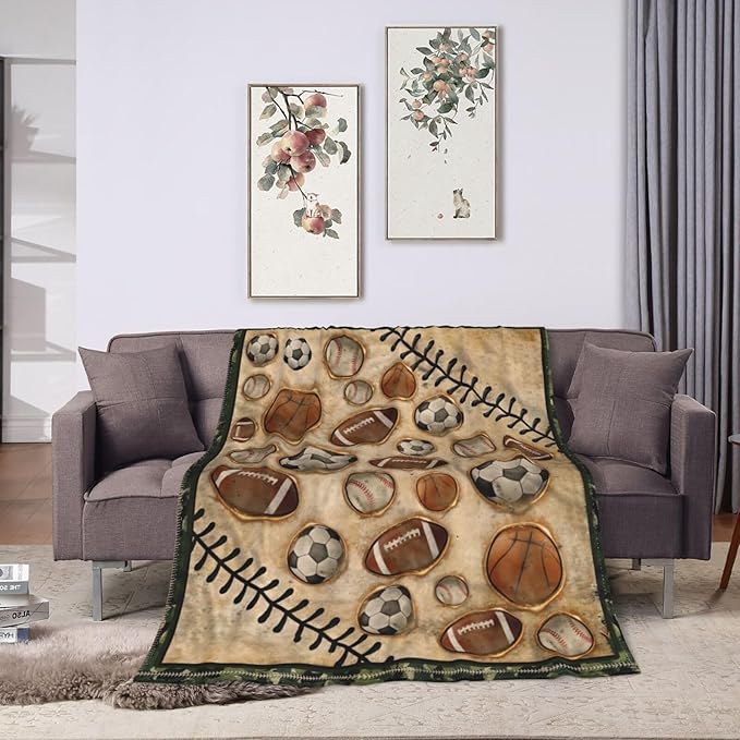 Vintage Sports Soccer Blanket Ultra Soft Cozy Plush Baseball Basketball Football Throw Blanket Sport Ball Fans Lovers Gifts Kids Adults Lightweight Flannel Comfy Blankets for Couch Sofa Bed 60"x50"