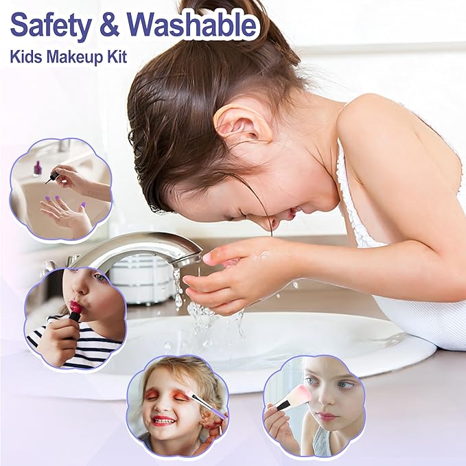 59 in 1 Kids Makeup Kit, with 3-Color Led Makeup Mirror Real Washable Kid Makeup Set for Girls, Perfect Girl Birthday Gift, Age 3+