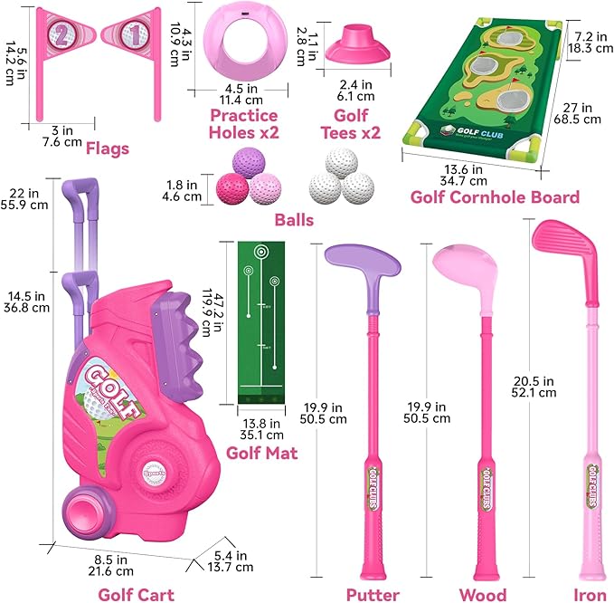 Liberry Toddler Golf Set for 2 3 4 Years Old Girls Boys, Upgraded Kids Golf Cart with Golf Cornhole Board & Putting Mat, Indoor and Outdoor Golf Toys Birthday Gift, Pink
