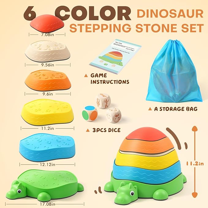 6PCS Dinosaur Stepping Stones for Kids with 3 Wooden Dice (Emotion/Action/Color)-Balance Stone Interactive Play Toddler Stepping Stones for Indoor/Outdoor,Sensory Toys for Toddlers