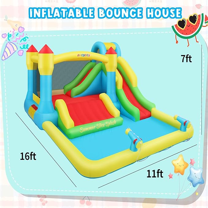 AKEYDIY Bounce House Water Slide, Inflatable Water Slide Park with with Long Slide, Pool, Climbing Wall, Water Gun for Outdoor, Blow up Water Slides Bounce House Castle for Kids Backyard(No Blower)
