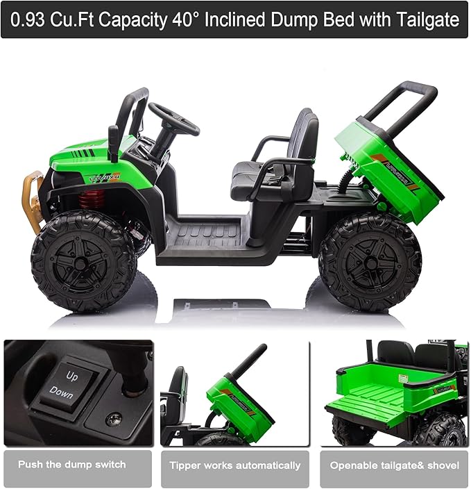 POSTACK 24V 2 Seater Electric Dump Truck for Kids, Ride on Battery Powered Electric Vehicle with Parental Remote Control, Tractor UTV for Kids to Drive w/Bluetooth, Music, Green