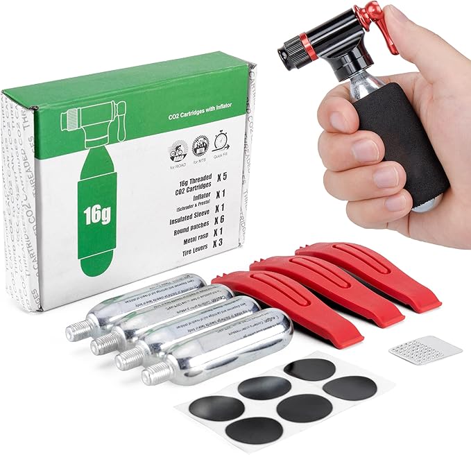 CO2 Inflator Kit with 5 X 16g CO2 Threaded Cartridges- Presta & Schrader Valve Compatible -Portable CO2 Bike Tire Pump Come with Glueles Repair Kit for Road & Mountain Bike