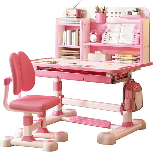 Upgraded Kid's Desk and Chair Set, Adjustable Children's Study Table with Bookshelf and Storage Drawer, 50-Degree Tiltable Desktop with Chair for Bedroom (Pink 117cm)