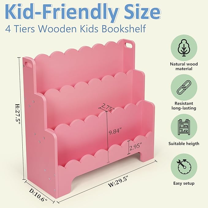 Kids Bookshelf Wooden 3-Tier, Scalloped Book Shelf for Kids Rooms, Front Facing Toddler Montessori Bookshelf, Baby Nursery Book Shelves Kid Classroom Book Shelf Bookcase
