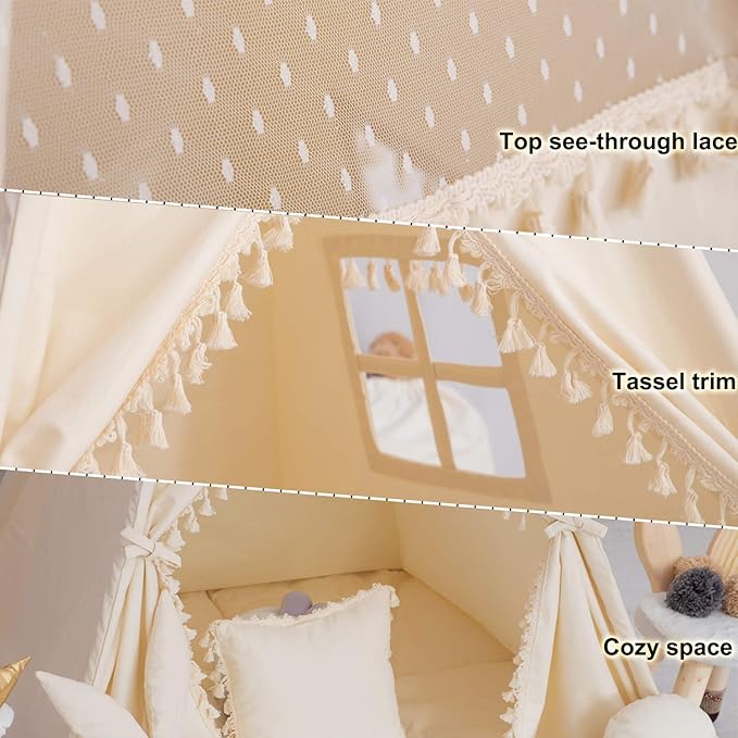 Kids Teepee Tent with Padded Mat, Banner, Fairy Lights, Yarn Ball, Carry Bag, Beige Cotton Canvas Play Tent for Child with Tassels Lace, Play House Tipi for Kids Room Decor