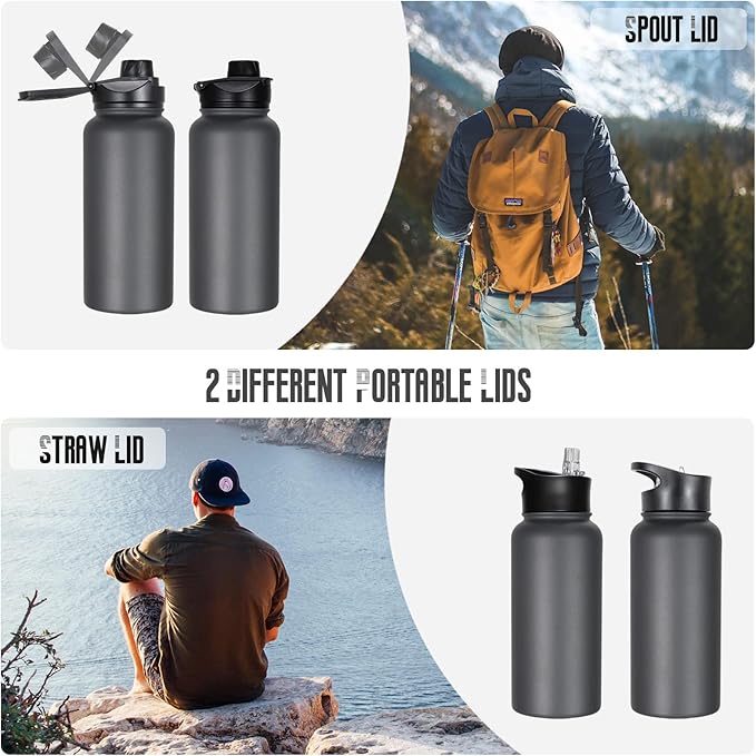 32 oz Insulated Water Bottle Bulk 4 Pack, Stainless Steel Sports Water Bottles with Straw Lid & Wide Mouth Lids, Double Walled Vacuum, Leak Proof, Gray