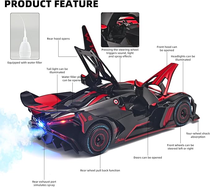 Toddler Car Toys 1/24 Diecast Cars Compatible for Bolide Model Car Collection,Spray Bolide Toy Car for Boys,Pull Back Cars with Light and Sound,Toy Cars for Boys Age 4-7（Red）