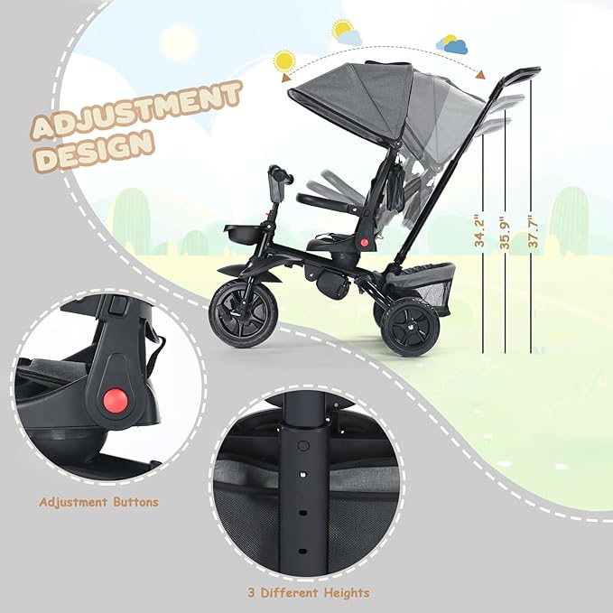 Folding Kids' Tricycle, 8 IN1 Baby Trike W/Removable Canopy &Parental Push Rod, Toddler Bike Stroller for Kids 1-5 Years, 360° Swivel Seat, EVA Wheels，Storage Basket, Grey