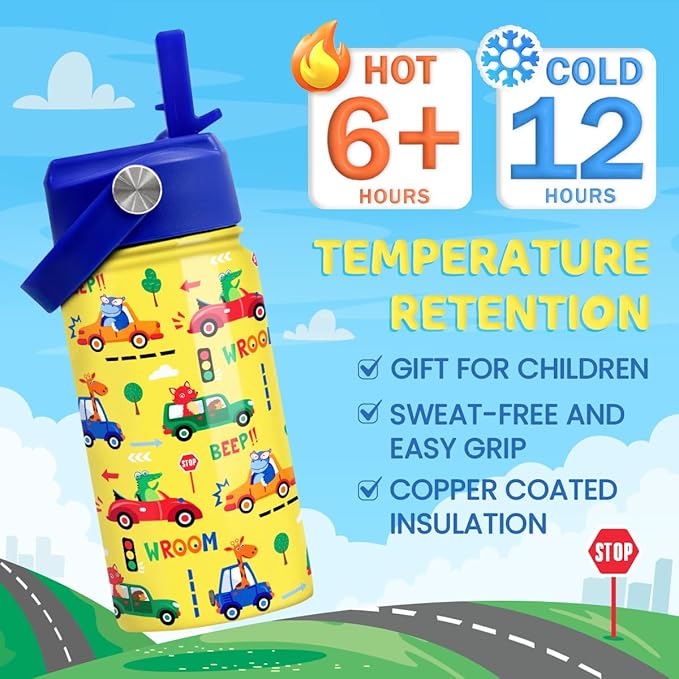Kids Water Bottle with Straw Lid - 12 Oz Insulated Stainless Steel Vehicle Cars Water Bottles for Kid Boys - Travel Cup for School Sports