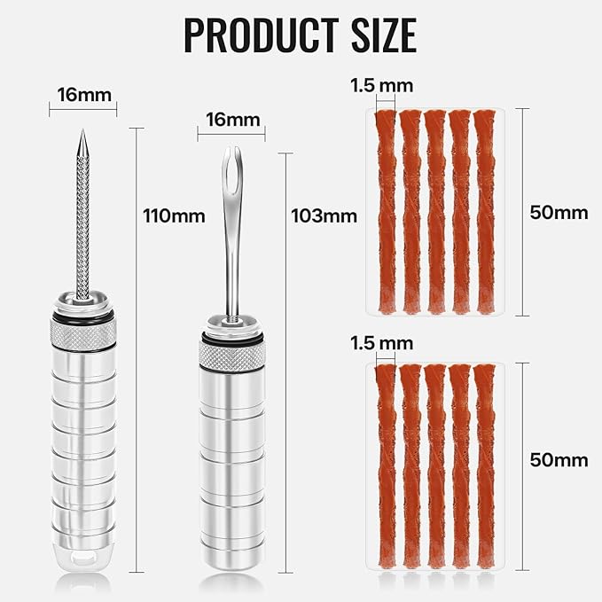 BWSHLF Tubeless Bike Tire Repair Kit for Mountain Bikes & Road Bicycles, Tubeless Tire Plug Kit with Storage Canister, Reamer, Insertion Fork, 10 Bacon Strips, Fix a Puncture or Flat, No Glue Needed