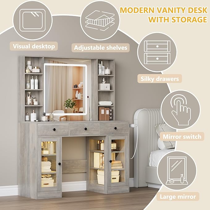 Vanity Desk with Mirror and Lights, White Makeup Vanity with Glass Top & Drawers, 3 Lighting Modes, Power Outlet, RGB Glass Cabinets, Modern Dressing Table for Girls, Women, Teens