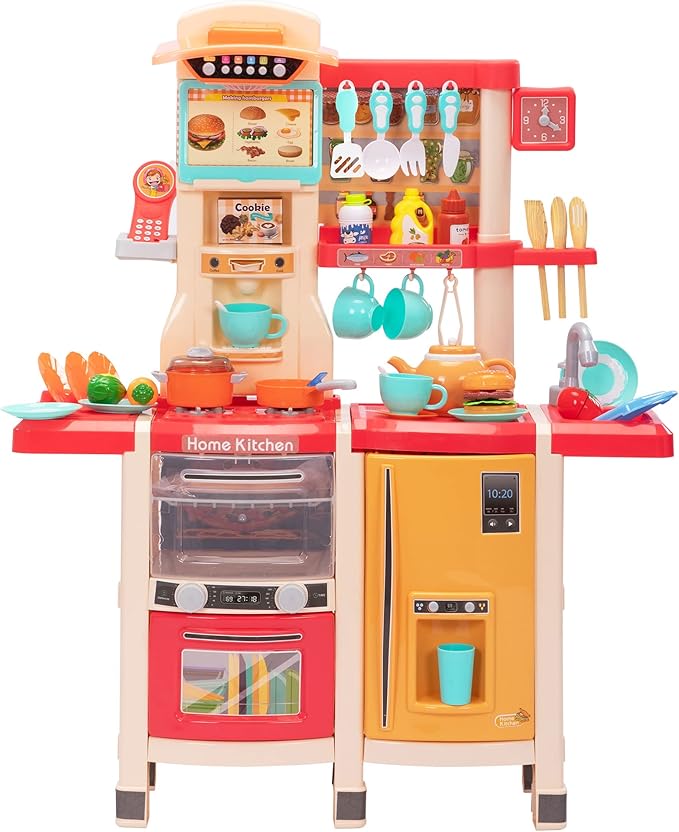 Large Kids Kitchen Play Set,Interactive Kids Kitchen playset with 65Pcs of Pretend Play Kitchen Accessories,Play Toy Kitchen for Toddlers with Realistic Sound Effects,Pink